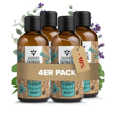 Afbeelding van Heldengrün biologische sauna infusie, ademvrij, echte oliën, olie met menthol, eucalyptus en lavendel, natuurlijke infusiemiddel etherische olie, 4 x 100 ml