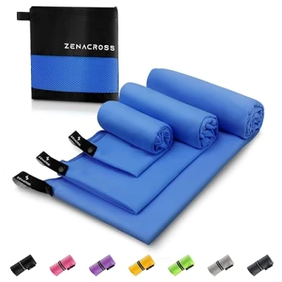 Afbeelding van Zenacross Microvezel Handdoek (Set van 3) met Draagtas Compacte Sport Handdoek, Sneldrogend en Absorberend S, M, L Blauw