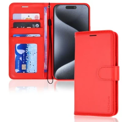 Afbeelding van TECHGEAR Leren portemonneehoesje voor iPhone 15 Pro Max, flip beschermhoes met portemonnee kaarthouder, standaard en polsband rood PU leer magnetische sluiting, ontworpen Max
