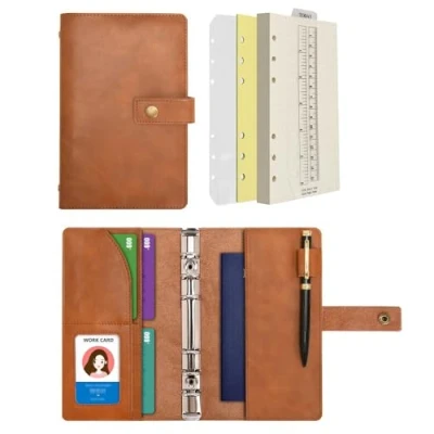 Afbeelding van Wonderpool A6 Lederen Dagboek Hervulbaar Notitieboek Spiraal Journal Binder Portfolio Dot Grid Papier &amp; Binnenzakken Organizer voor Man en Vrouw (Bruin, A6)