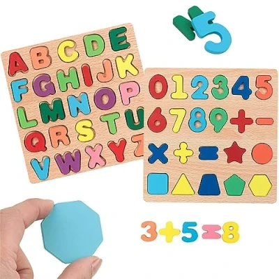 Afbeelding van TLHWIN houten alfabet puzzel speelgoed, 2 stuks kleurrijk ABC letters cijfers vormgeven dikke puzzelblokken, educatief speelgoed cadeau voor peuters en kleuters