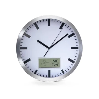 Afbeelding van Aluminium wandklok met lcd display en thermometer, hygrometer &amp; weersvoorspelling dia. 25 cm Velleman