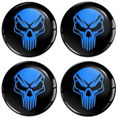 Afbeelding van SkinoEu Set 4 x 65 mm stickers voor wieldoppen, naafdoppen, wielstickers, zwart blauw, schedel, doodshoofd, A 365