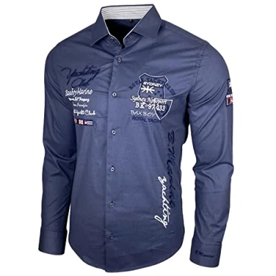 Afbeelding van Baxboy Elastisch overhemd slim fit voor vrije tijd business bruiloft pure kleur hemd Kentkraag lange mouwen contrast herenhemd B 508, marineblauw, 3XL