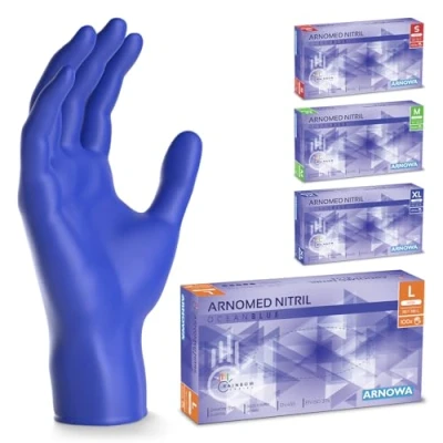 Afbeelding van ARNOMED wegwerphandschoenen donkerblauw, nitril handschoenen L, met 100 stuks per doos, poedervrij. Latexvrije rubber handschoenen, verkrijgbaar in S, M, L &amp; XL