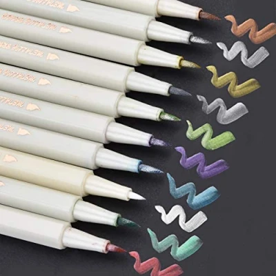 Afbeelding van DealKits metallic penseelstiften, set van 10 kleuren, markeerstiften, stiften, pennen voor het maken kaarten, doe zelf fotoalbum, gastenboek, bruiloft, papier, glas, kunststof steen