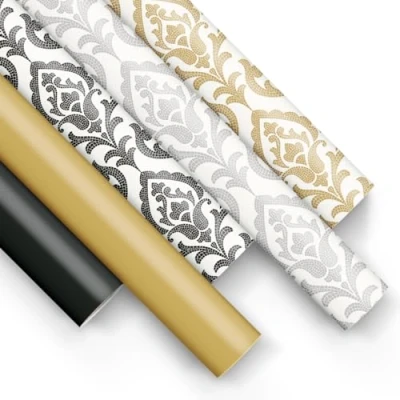 Afbeelding van PAW Cadeaupapier, 200 x 70 cm, 5 rollen, mix van motieven, elegante papierrol voor verjaardagen, bruiloften, babyfeestjes, feestjes en geschenken, zwart, goud, patroon