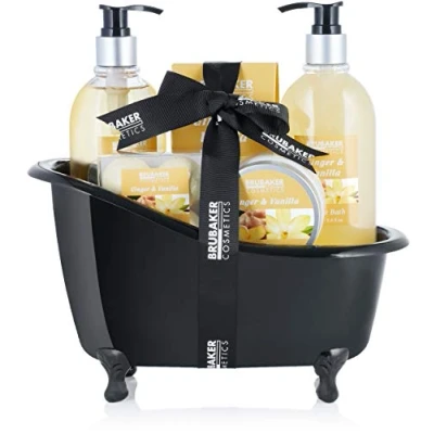 Afbeelding van BRUBAKER Cosmetics Bad en Doucheset Cadeautip Vrouw Ginger Vanilla met Decoratie Badkuip Verwenpakket Cadeau Geschenkset Zwart 9 delig Moederdag cadeautje