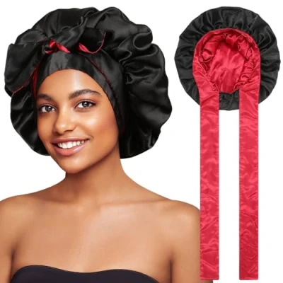 Afbeelding van Coubeau Satijnen slaapmuts, zijden haarkap voor dames, muts Zwart + rood.