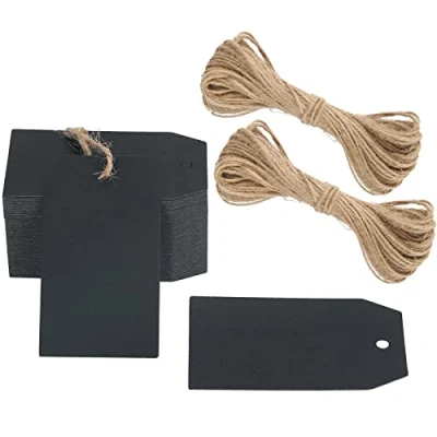 Afbeelding van G2PLUS Cadeaulabels, 100 stuks, kraftpapier, labels, labels 4 x 7 cm, met jute koord voor handgemaakt, huwelijkscadeau, kerstcadeau, zwart