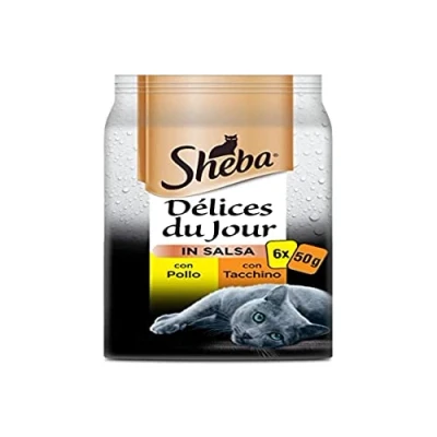 Afbeelding van Sheba Délice Du Jour natvoer voor katten met kip en kalkoen in saus, 12 verpakkingen elk 6 zakjes x 50 g, totaal 3600 g