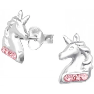 Afbeelding van JoyS Zilveren eenhoorn oorbellen unicorn 6 x 9 mm kristal roze