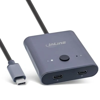 Afbeelding van InLine USB C switch, bidirectioneel (gegevens en video), 2 in 1 uit of out, verdeler/schakelaar voor pc&#039;s, 8K @60Hz 4K video, 10 Gb/s gegevensoverdracht, 100 W opladen, 60603T