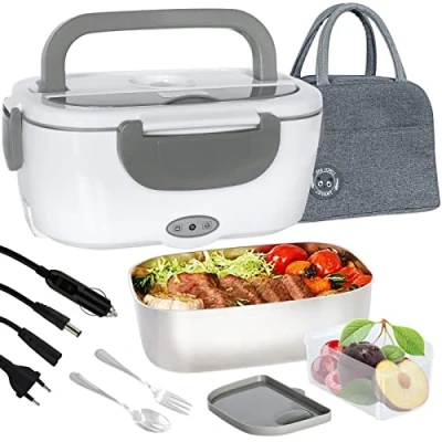 Afbeelding van Poligono elektrische lunchbox, voedselverwarmer, 220 V, 12 1,5 l, draagbare broodtrommel voor huishouden en auto, container van roestvrij staal 304, grijs