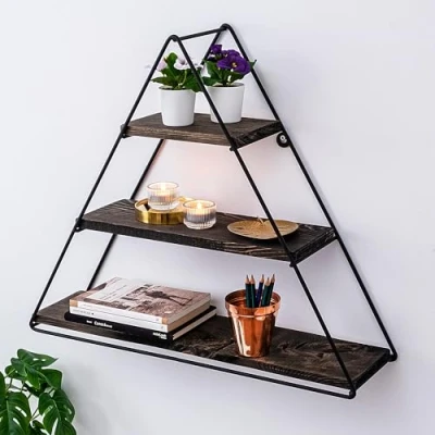 Afbeelding van Narmer 3 planken wandplank L60xH52cm Massief donker hout en zwart metaal Menzzo