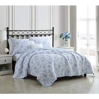Afbeelding van Laura Ashley Home King Quilt Set, Omkeerbaar Bloemen Katoen Beddengoed met Bijpassende Shams, Decor voor Alle Seizoenen (ommuurd tuin blauw, King)