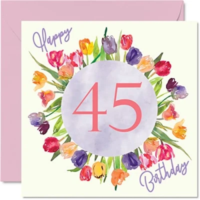 Afbeelding van mooie 45e verjaardagskaarten voor vrouwen aquarel tulpen bloemen boeket gelukkige verjaardagskaart haar moeder tante zus vriend verjaardagscadeaus, 145 mm x wenskaarten cadeau