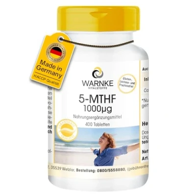 Afbeelding van 5 MTHF 1000μg 400 tabletten Calcium L methylfolaat HOGE DOSERING Duitse apotheekkwaliteit veganistisch Warnke Vitalstoffe
