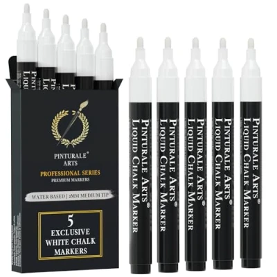 Afbeelding van Pinturale Arts Vloeibare krijtmarker, wit, set met 5 uitwisbare glasmarkers, 2 mm punt, voor ramen, bord, gemakkelijk droog afwasbaar
