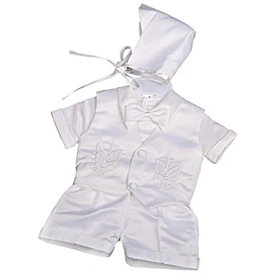 Afbeelding van Lito Angels Baby Jongens Doopsel Doop Wit Satijnen Pak Kleding Doopkleding Doopkostuum Set met Muts Maat 80 (Leeftijd 9 12 maanden), Korte Mouw