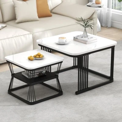 Afbeelding van Merax Vierkante salontafel, set van 2, moderne woonkamertafel met marmerfineer, matte salontafel opbergruimte, voor woonkamer, balkon en kantoor, metalen frame, zwart wit