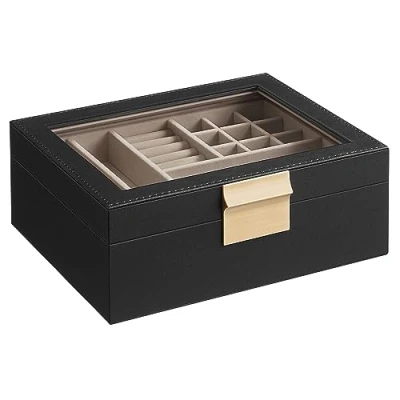 Afbeelding van SONGMICS Sieradendoosje met glazen deksel, sieradendoos 2 niveaus, uitneembaar sieradendoosje, sieradenopslag, sieradenbox, modern, cadeau idee, grafietzwart metallic goud JBC238B01