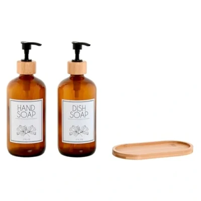 Afbeelding van Home ESPRIT Zeepdispenser, barnsteen, bamboe, glas, 500 ml, 7,5 x 20 cm