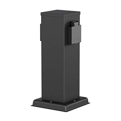 Afbeelding van ledscom.de Tuincontactdooszuil POLLY voor buiten, IP44, 2 weg, roestvrij staal, kunststof, zwart, hoekig, 27 cm, buitenstopcontact, tuincontactdoos, wandcontactdoos toren,