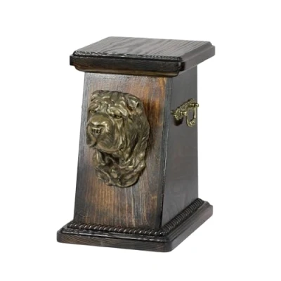 Afbeelding van Art Dog Custom Memorial Urn Handgemaakte Box Koudgegoten bronzen hondenkop op berkenbasis 19cmx32cmx30cm Shar Pei