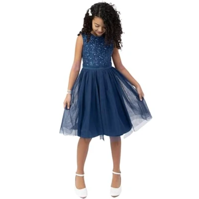 Afbeelding van Maya Deluxe Midi jurk voor meisjes, pailletten, feestjurk, tutu, bruidsmeisjes, bruiloft, met ceintuur, Franse marine, 11 12 jaar