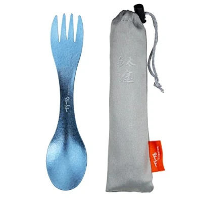 Afbeelding van TiTo Titanium Spork 2 in 1 ultra lichtgewicht lepelvork servies voor outdoor, kamperen, backpacken, wandelen, reizen, picknicks en thuis, met tas (blauw)