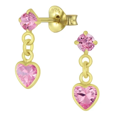 Afbeelding van JoyS Zilveren petit hartje oorbellen 4 x 13 mm roze zirkonia 14k goudplating kinderoorbellen