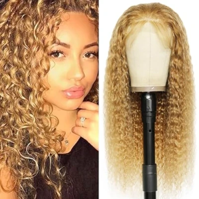 Afbeelding van Tuheerst Blonde Human Hair Wig Curly Wave 4X4#27 Swiss Lace 100% Unprocessed Brazilian Remy Pre Plucked Natural Hairline with Baby No Smell For Woman 20 Inches