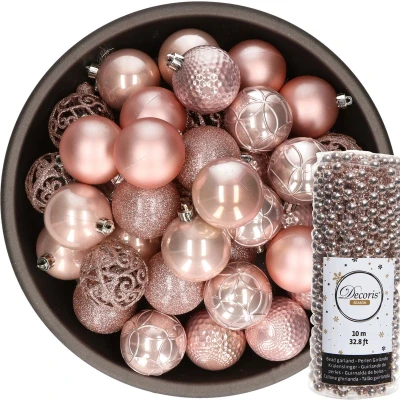 Afbeelding van 37x stuks kunststof kerstballen 6 cm inclusief kralenslinger lichtroze Kerstbal