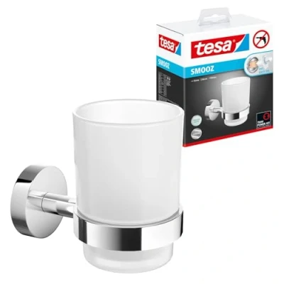 Afbeelding van tesa Smooz bekerhouder, hoogglans verchroomd metaal, zelfklevend, 113 mm x 79 124