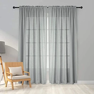 Afbeelding van Melodieux 2 panelen faux linnen voile net gordijnen semi pure staaf zak voor slaapkamer, woonkamer, raam grijs, 140 x 183 cm druppel (140 cm)