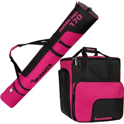 Afbeelding van BRUBAKER Ski Combi set Carver Pro skitas en skischoentas voor 1 paar ski&#039;s 170 cm + stokken schoenen helm rugzak tassenset skiërs zwart roze