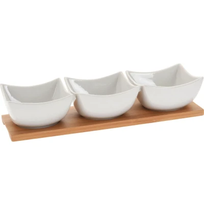 Afbeelding van Serveerplank/borrelplank hapjes/saus/tapas porselein wit incl. 3x schaaltjes Serveerplanken
