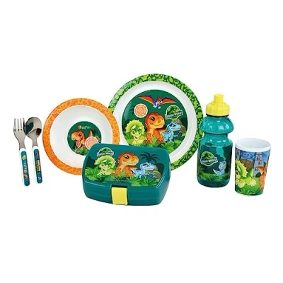 Afbeelding van JURASSIC WORLD Kinderserviesset met glas 220 ml, diep bord Ø 16 cm, 22 deksel hoogte 13,5 fles 350 ml en lunchbox