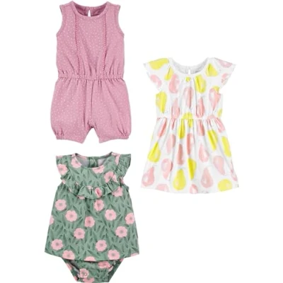 Afbeelding van Simple Joys by Carter&#039;s Baby Meisje 3 Pack Romper, Sunsuit en Jurk, Stippen/Bloemen/Peren, 0 maanden (pak van 3)