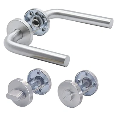Afbeelding van Deurgrepen APECS deurkrukgarnituur kamerdeuren INOX deurklink voor voordeur en binnendeuren deurbeslag rond rozetgarnituur roestvrij staal mat deurgarnituur L model H 0201 + WC, zilver