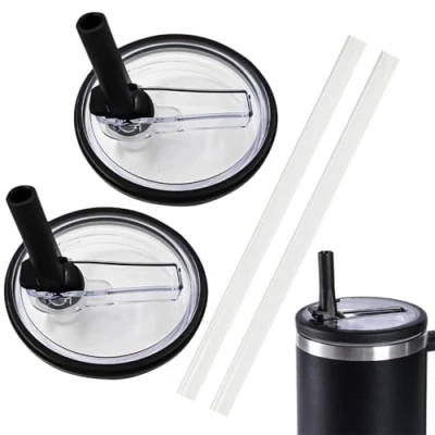 Afbeelding van NEERIX 2 stuks herbruikbare reservedeksels voor bekers van 100 ml, premium reservedeksel met rietje, lekvrij en stofdicht, accessoires Stanley beker, inclusief deksel rietje (zwart)
