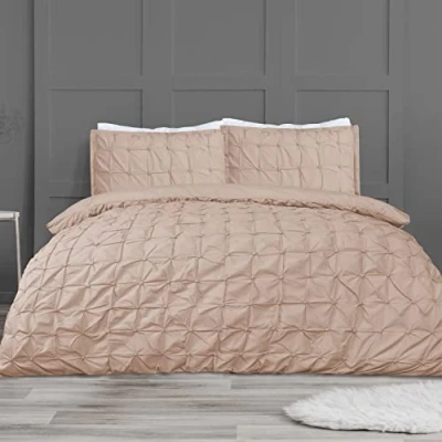 Afbeelding van Sleepdown Dekbedovertrekset Blush Pink geplooide plooien, geometrische dekbedovertrek met ruches, onderhoudsvriendelijk, zacht, gezellig beddengoedsets kussenslopen, tweepersoons (200