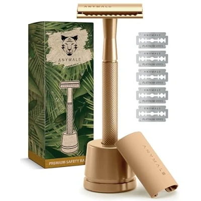 Afbeelding van ANYMALE® Gold Edition Scheermes voor dames, set met standaard en 5 Astra messen, plasticvrij scheerapparaat van metaal