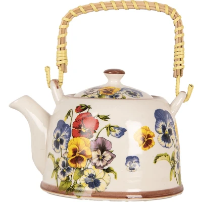 Afbeelding van Clayre &amp; Eef Theepot met Filter 800 ml Wit Blauw Keramiek Bloemen