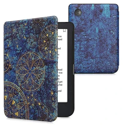 Afbeelding van kwmobile E reader hoesje geschikt voor Kobo Clara 2E hoes flip case met magnetische sluiting Ereader cover Mandala design in geel / donkerblauw