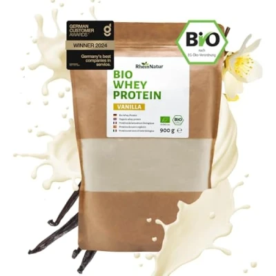 Afbeelding van RheinNatur Bio Whey Proteïnepoeder, vanille, 900 g, eiwitpoeder met natuurlijk aroma en zonder soja, 100% biologische weiproteïne voor proteïneshakes