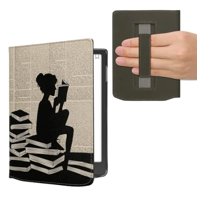 Afbeelding van kwmobile E reader hoesje geschikt voor Pocketbook InkPad 4 / Color 3 2 Vivlio hoes flip case met magneetsluiting Ereader cover Meisje boeken design in zwart beige