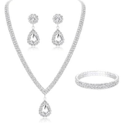 Afbeelding van TOEECY Bruidssieradenset voor dames, zilver, strass, kristal, sieradenset, bruiloftssieraad, bruid, hanger, halsketting, druppel, oorbellen, strass armband set, Gelegeerd staal