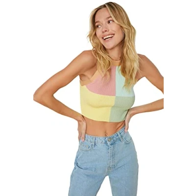 Afbeelding van Trendyol Blauwe Crop Color Block Gebreide Dunne Blouse Twoss22Bz0402